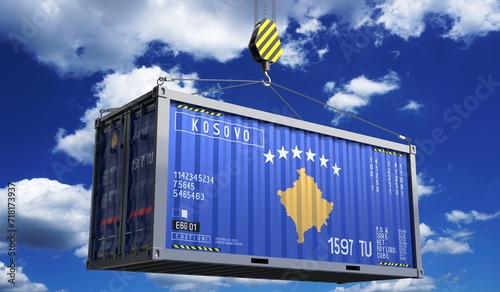 Freight shipping container with national flag of Kosovo hanging on crane hook - 3D illustration photo