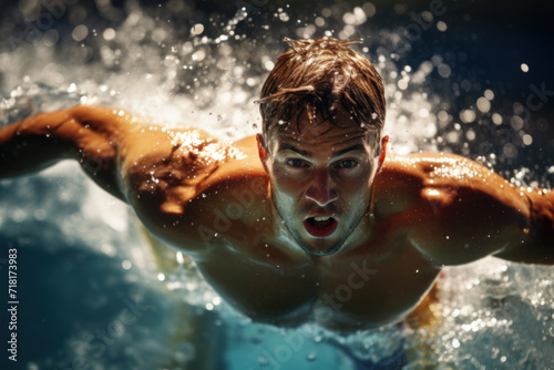 Determined swimmer mid-stroke in pool, water splashing around. © Anna