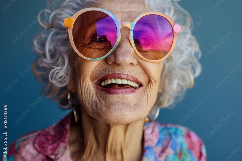 A captivating portrait of an elderly woman radiating joy as she smiles warmly, adorned with a pair of vibrant, oversized sunglasses