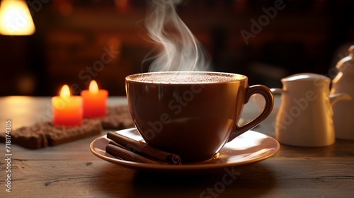 A rich  velvety cup of hot unsweetened chocolate with steam rising  set on a cozy wooden table.