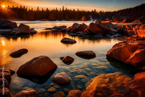 The rocks in the crystal clear water stand as silent witnesses to the dynamic dance of colors during sunset