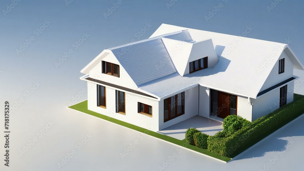 3d house model rendering on white background, Clean and precise 3D illustration modern cozy house. Concept for real estate or property.