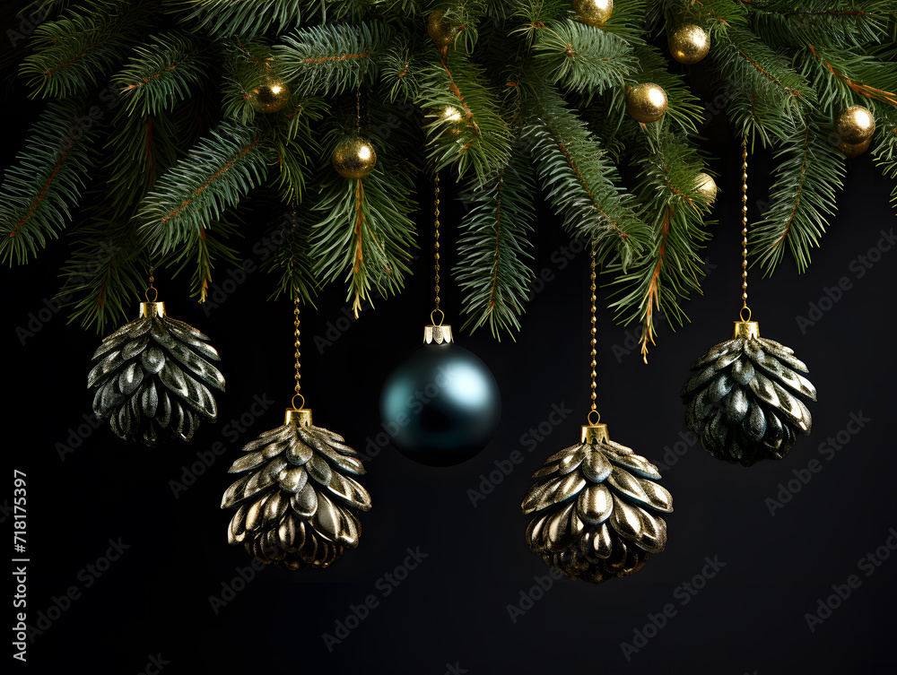 christmas decoration with fir tree branches and balls in black background