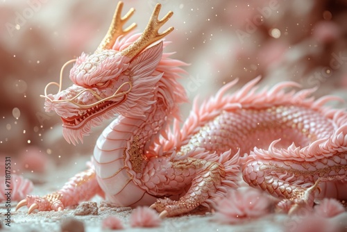 Pink Dragon, Happy Chinese new year traditional pink lantern and dragon. © Werckmeister