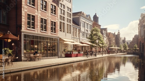 A serene landscape featuring a meandering river with the reflection of a Belgian chocolate shop in the water.