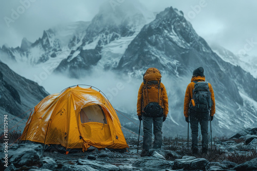 Mountaineering adventure, featuring a tent, snow-covered landscape, and the iconic Base Camp region.