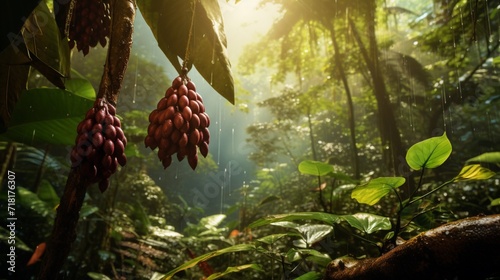 A serene rainforest scene with a cocoa tree bearing ripe pods, the source of unsweetened chocolate. photo