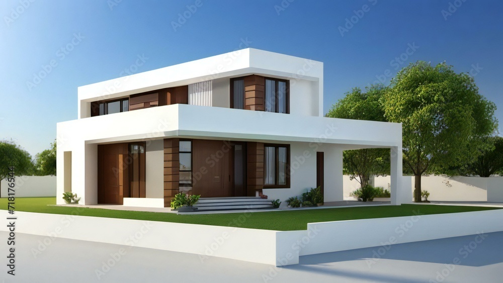 Minimalistic 3D model of a modern home on a plain white background. Concept for real estate or property.