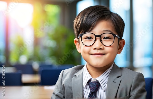 Kid wearing suit and glasses sitting in office room