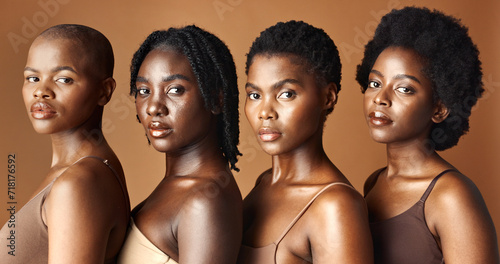 Obraz na płótnie Beauty, face or black women with skincare, glowing skin or afro isolated on brown background