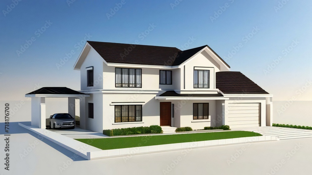 Clean and precise 3D representation of a house, devoid of background distractions. Real estate concept