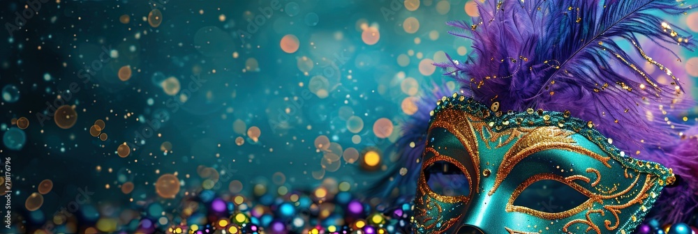 Mardi gras mask with beads and bokeh background, banner for web, calendar, and more - obrazy, fototapety, plakaty 