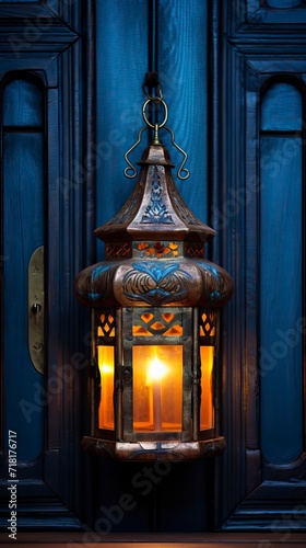 Glowing Lantern by Ornate Wooden Door