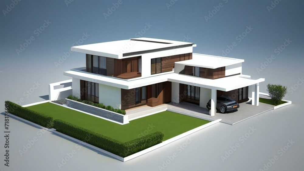 A stunning 3D rendering of a modern home showcasing its architectural elegance. Concept for real estate or property.