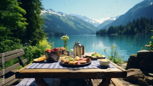 A serene Swiss alpine lake surrounded by lush forests, with a picnic spread featuring a chocolate fondue pot, capturing the perfect outdoor indulgence.