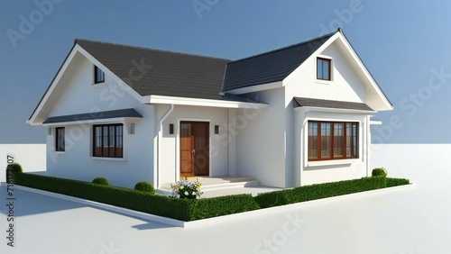 Cozy 3D rendering of a small house with a white picket fence. Concept for real estate or property. © home 3d