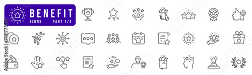 Benefit line icon set. Reward, bonus, loyalty, star, winner, award etc. Editable stroke