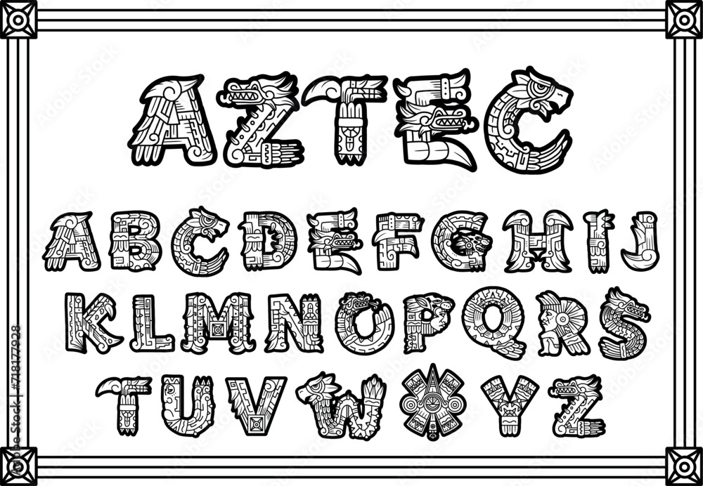 Alphabet in Aztec, Mayan or Inca style. With Native American symbols with the faces of a warrior, a conqueror, a leopard skull