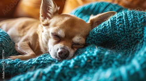 Adorable chihuahua puppy napping on knitted blanket photo