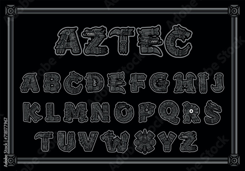 Alphabet in Aztec, Mayan or Inca style. With symbols of Native Americans with the faces of a warrior, a conqueror, a leopard skull. Vector on a dark background in stone style