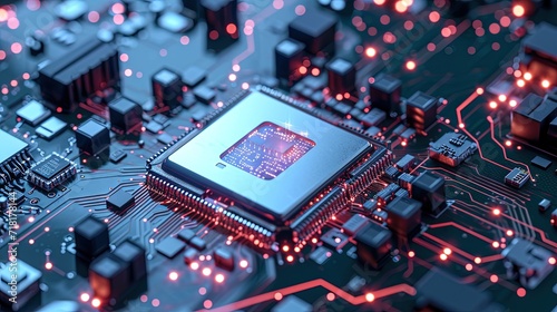 microchip on motherboard with circuitry inside a computer, closeup 3D render