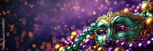 Mardi Gras Mask and beads in purple, green, and gold. Banner for holiday celebration © Brian