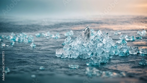 Frozen lake a blue in the winter. Abstract ice background and wallpaper. Snowed blocks of clear ice ar sunrise Ice river photography 6. generative ai