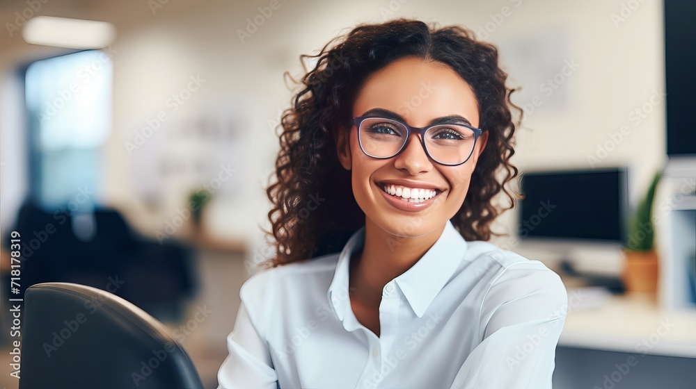 Sitting at her workplace, a young woman who is cheerful, beautiful, and has a lot of teeth, is smiling. Sitting at her workplace, a young woman who is cheerful, beautiful, and has a lot of teeth, is smiling.