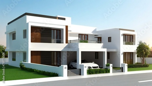 Minimalistic 3D model of a house in white, set on a neutral gray background. Concept for real estate or property. © home 3d