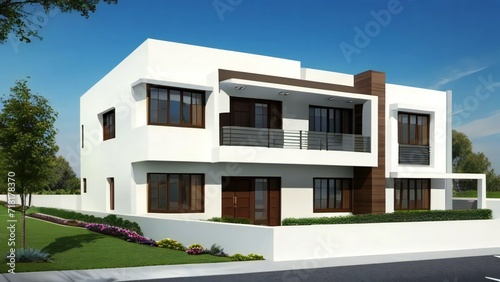Minimalistic 3D model of a house in white, set on a neutral gray background. Concept for real estate or property. © samsul