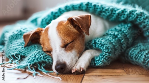 Adorable jack Russel terrier puppy napping on knitted blanket