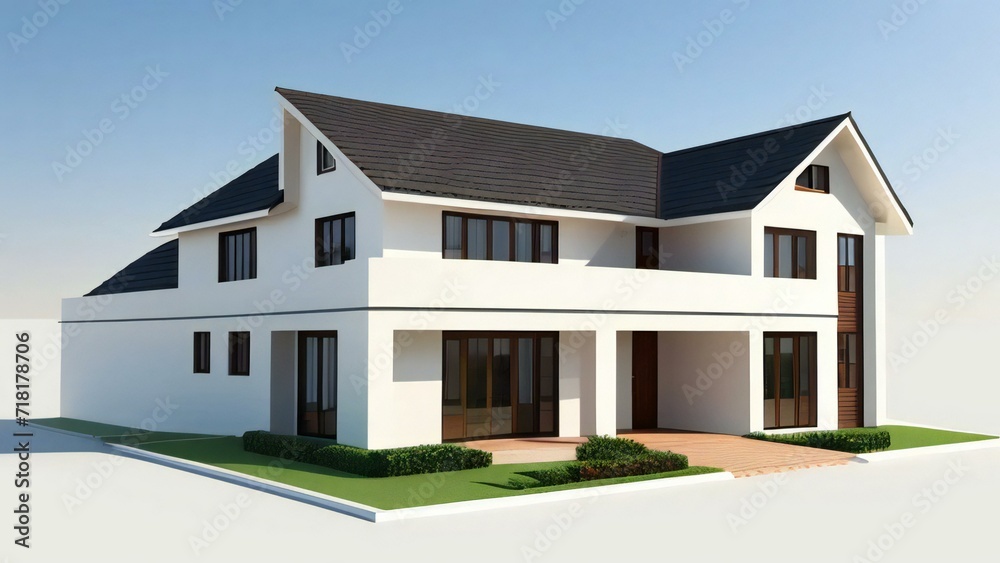 Charming, modern 3D house design with an inviting front porch. Concept for real estate or property.