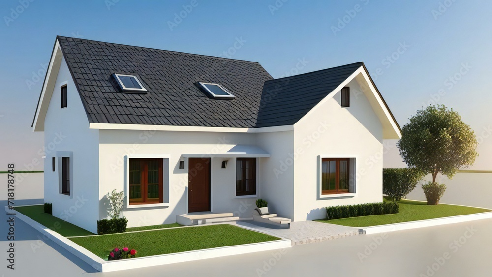 Charming, modern 3D house design with an inviting front porch. Concept for real estate or property. Charming, modern 3D house design with an inviting front porch. Concept for real estate or property.