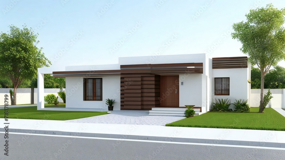 Charming, modern 3D house design with an inviting front porch. Concept for real estate or property. Charming, modern 3D house design with an inviting front porch. Concept for real estate or property.