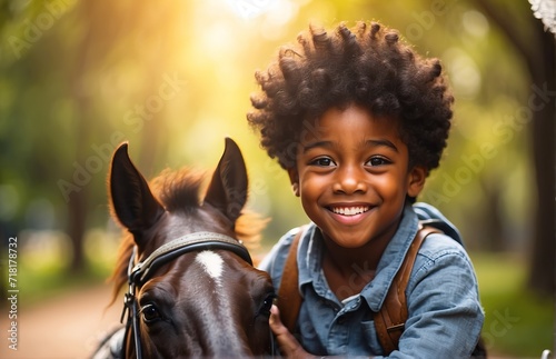 Kid looking at camera while riding a horse © PeopleWorker