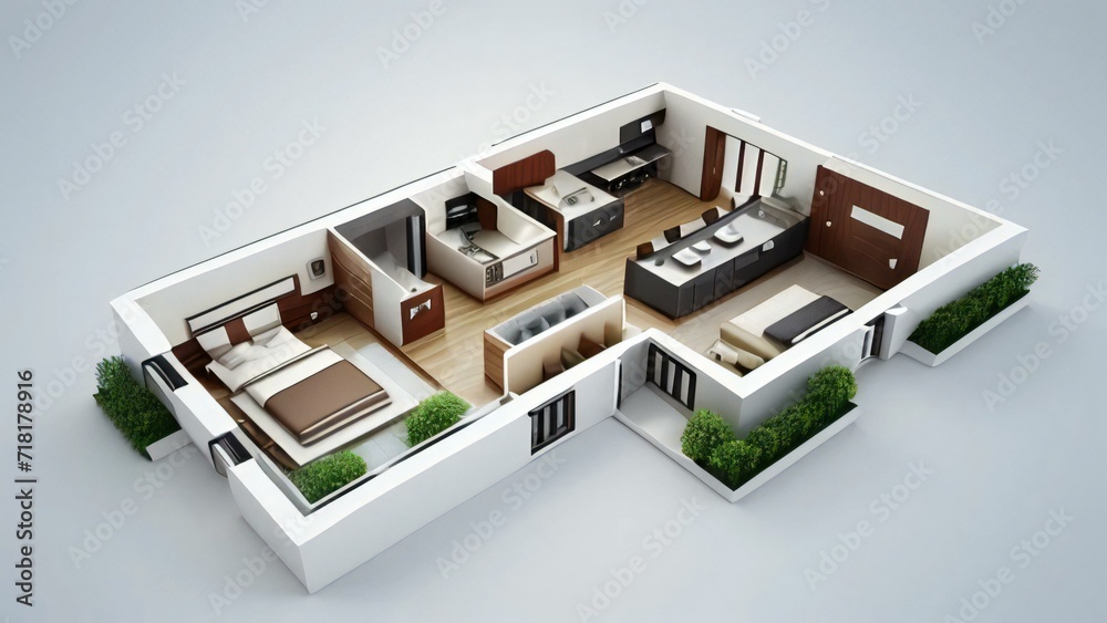 3D illustration floor plan of a house, modern cozy house isolated on white background. Concept for real estate or property. 3D illustration floor plan of a house, modern cozy house isolated on white background. Concept for real estate or property.