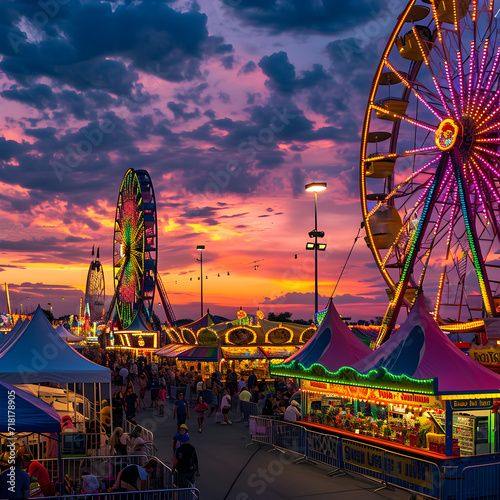 colorful summer carnival at dusk