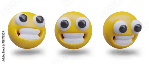Emoticon with big smile. Set of 3D models, view from different angles. Positive emotions, excitement. Laugh out loud LOL. Vector face with funny expression