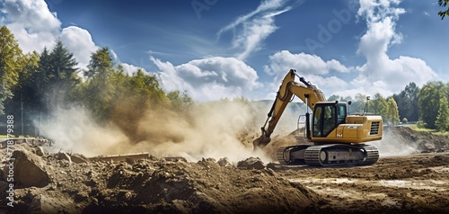 Excavator loader leveling soil in sunny weather , image made with generative ai technology. photo