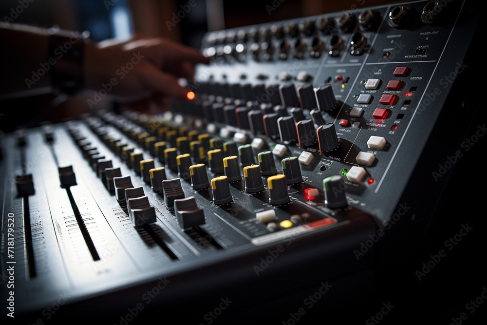 DJ studio sound console for mixing tracks and processing sounds.