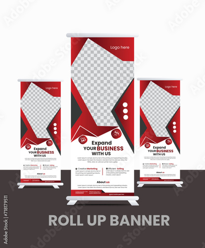 Corporate business roll up banner bundle, marketing agency roll up banner, pull up banner print template,
Business Roll up banner stand template design with Red Element photo