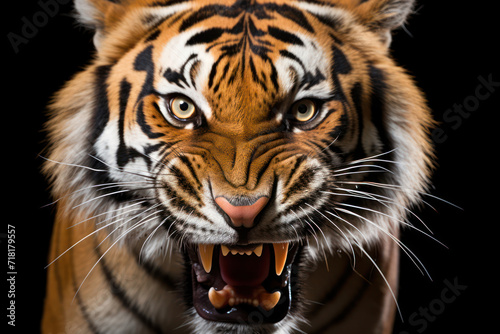 Intense Gaze: Tiger, Animal, Stripes, Head, Wildlife, Mammal, Face, Danger, Nature, Predator, Big, Cat, Angry, Carnivore, Wild. © SHOTPRIME STUDIO