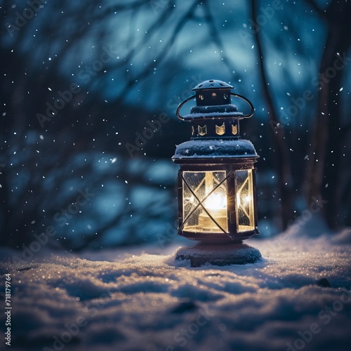 Glowing Lantern in Moonlit Winter Night 