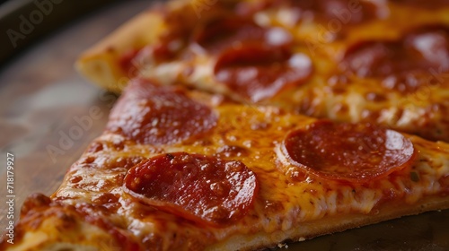 pizza with salami and cheese, close-up of a mouthwatering slice of New York-style pizza, showcasing a thin, crispy crust topped with gooey cheese and savory pepperoni