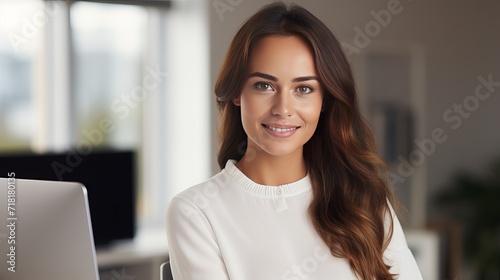 The portrait of a young brunette woman sitting at a white desk in front of a computer at home is close up.