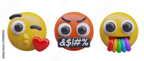 Composition with different funny emoticons on white background. Face gives kiss, reaction of hate, angry and emoji yawning with rainbow. Vector illustration in 3d style