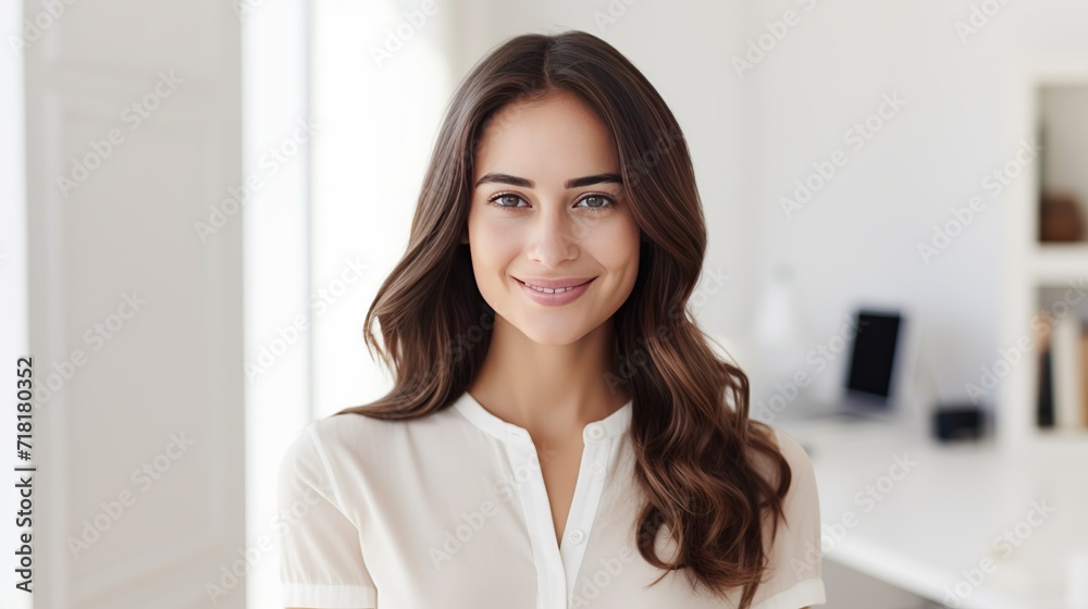 The portrait of a young brunette woman sitting at a white desk in front of a computer at home is close up.