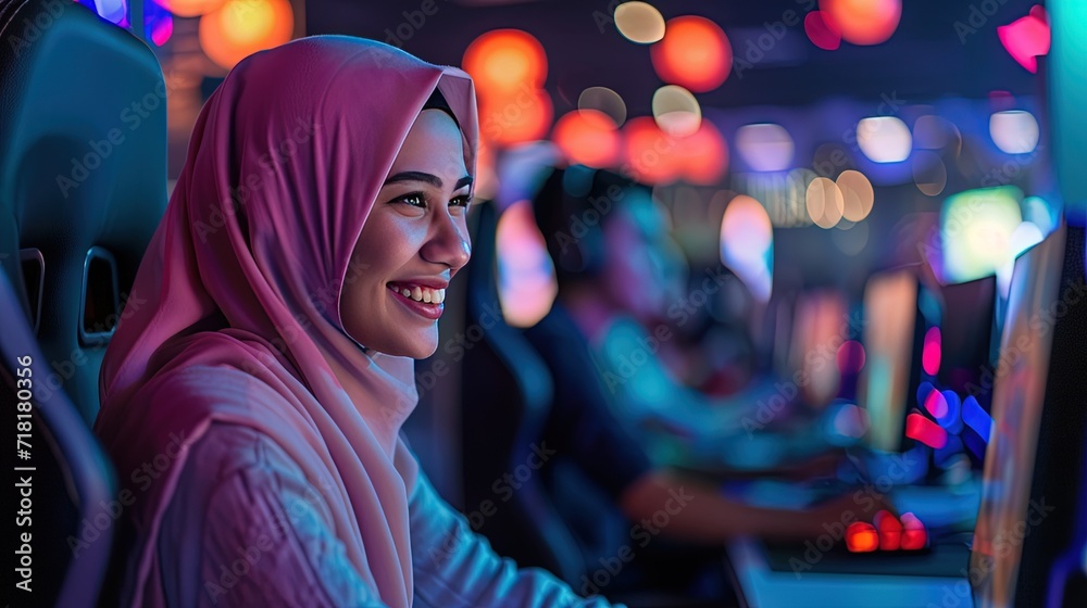 Obraz premium Muslim Arab woman playing video games in an esports cafe