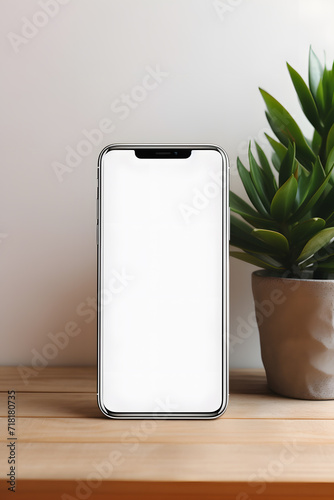 smartphone with white mockup blank screen indoor house with plant