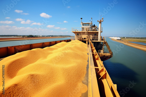 A crop of wheat or grain is loaded onto a ship. photo